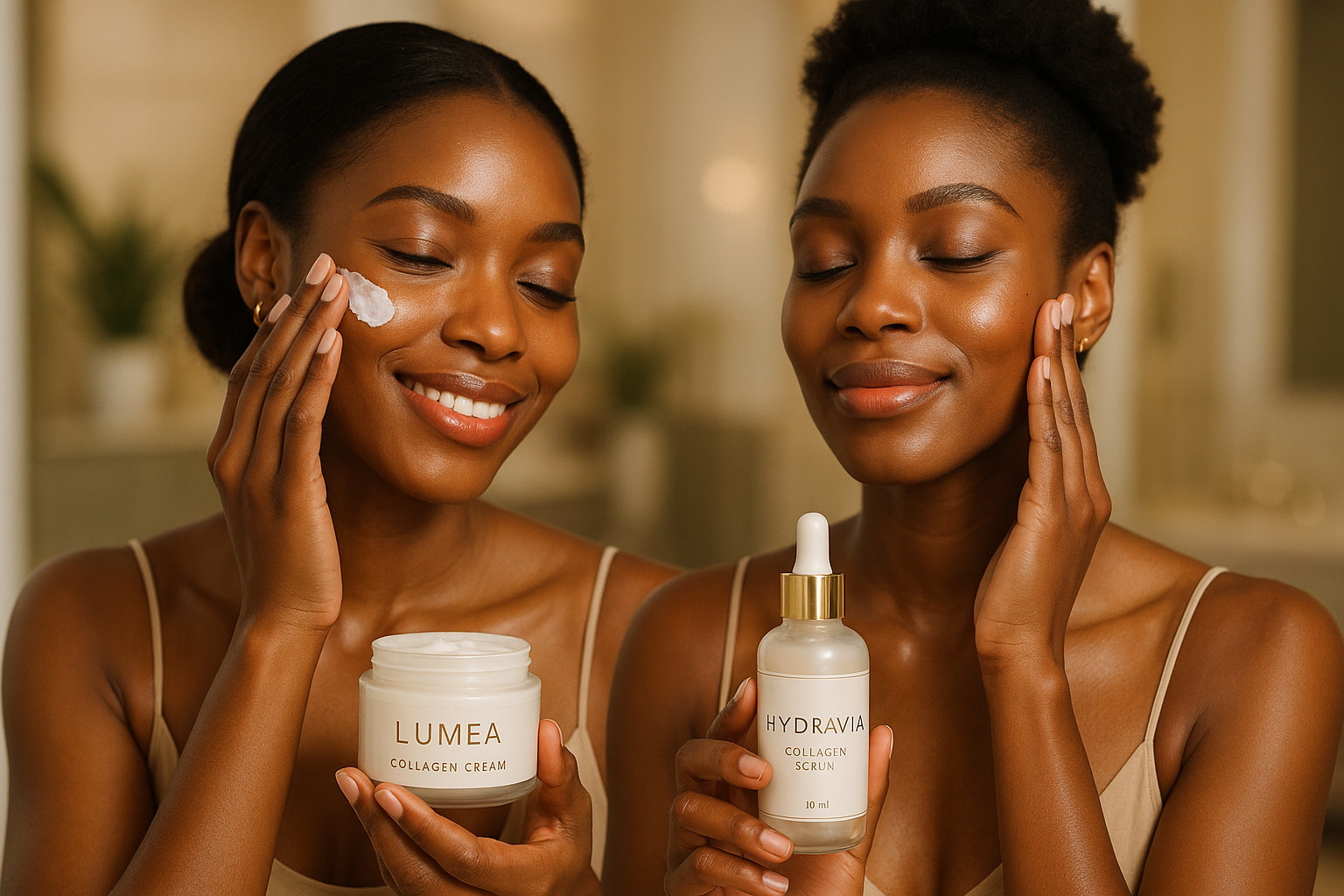Deux femmes noires élégantes, avec une peau lumineuse et éclatante, utilisent des produits de soin au collagène pour le visage — l’une applique la crème Lumea sur ses joues, l’autre masse doucement le sérum Hydravia sur sa peau. Décor chic et lumineux, ambiance spa ou salle de bain moderne, mise au point sur les gestes et les expressions détendues, lumière naturelle douce, style photo publicitaire haut de gamme, réalisme élevé, couleurs chaleureuses.

