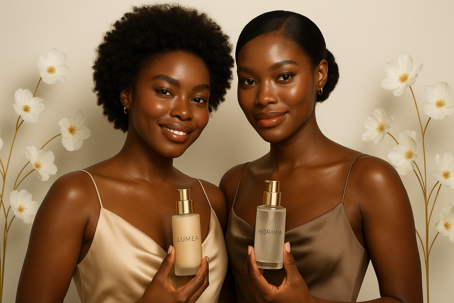 Deux femmes noires rayonnantes posant côte à côte, habillées de robes en soie dans des tons neutres, tenant élégamment les produits Lumea et Hydravia. Fond minimaliste couleur crème avec fleurs blanches et touches dorées, mise en avant des flacons, peau lisse et éclatante, éclairage doux façon shooting beauté de magazine, style publicitaire haut de gamme, ultra réaliste.

