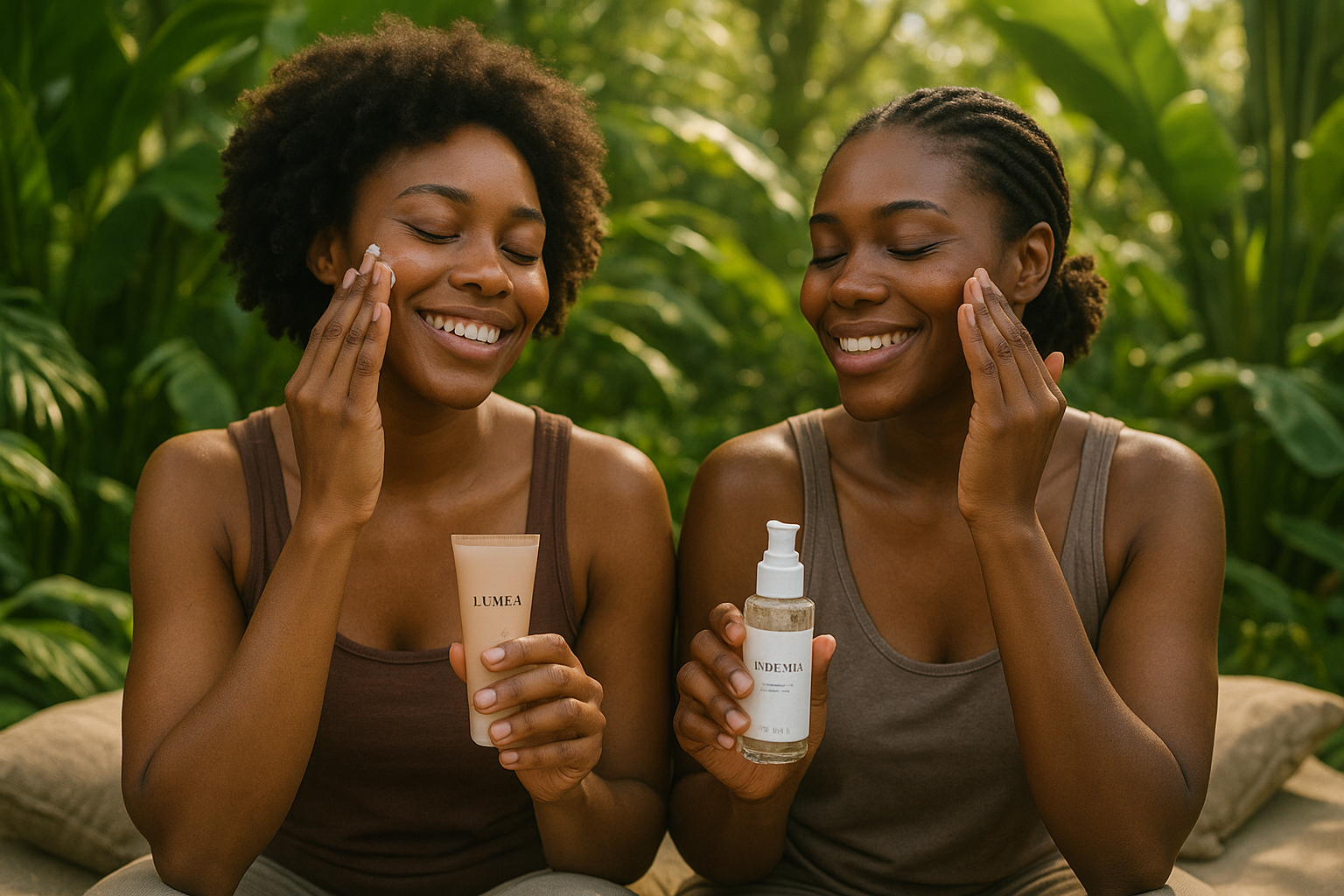 Deux femmes noires souriantes dans un jardin tropical, assises sur des coussins, appliquant les soins Lumea et Hydravia sur leur visage. Décor vert luxuriant, lumière du matin filtrant à travers les feuilles, ambiance relaxante et naturelle, gros plan sur les gestes et les textures des produits, style photo lifestyle, réalisme élevé.


