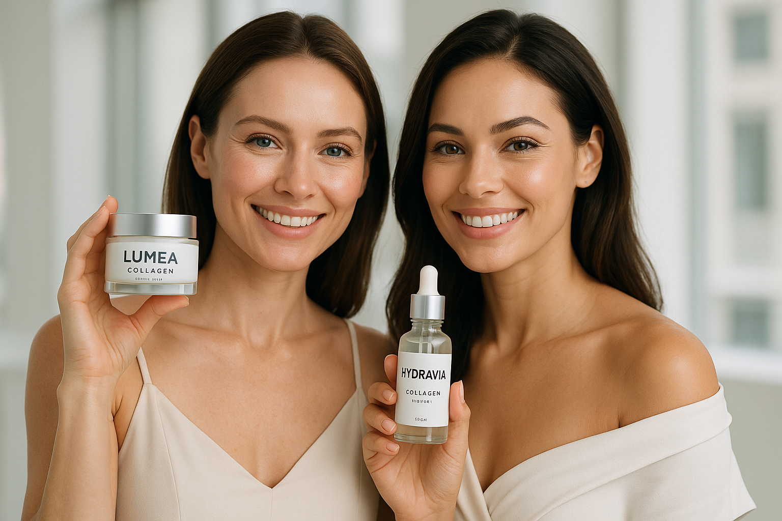 Deux femmes souriantes posent côte à côte, chacune tenant un produit de soin au collagène pour le visage — l’une tient un pot de crème Lumea, l’autre tient un sérum Hydravia. Elles sont élégamment habillées, dans un décor lumineux et moderne, ambiance publicitaire professionnelle, éclairage doux et naturel, gros plan sur les produits et sur leur peau lumineuse, style photo haute qualité, réalisme élevé.

