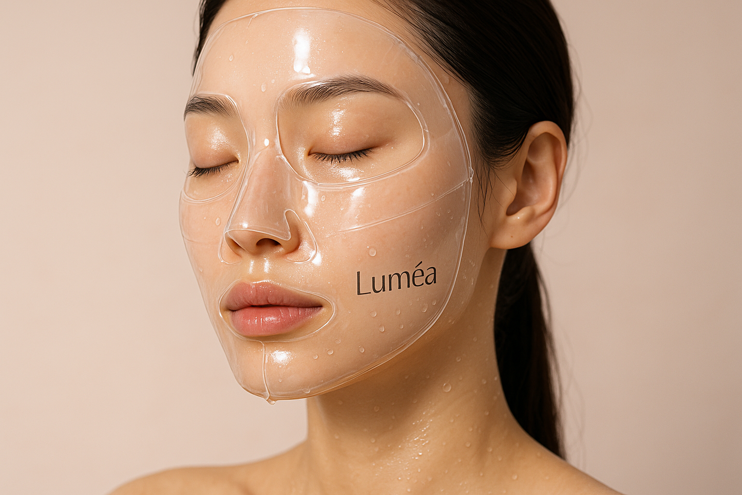 Image réaliste d’une femme au teint lumineux portant un masque facial en hydrogel transparent au collagène ("Luméa"), minimaliste et luxueux, éclairage doux et professionnel, fond pastel doux, gouttelettes d’eau fraîche, rendu ultra-réaliste en 8K, proche du style de beauté coréenne, esthétique élégante et épurée, soin haut-de-gamme.


